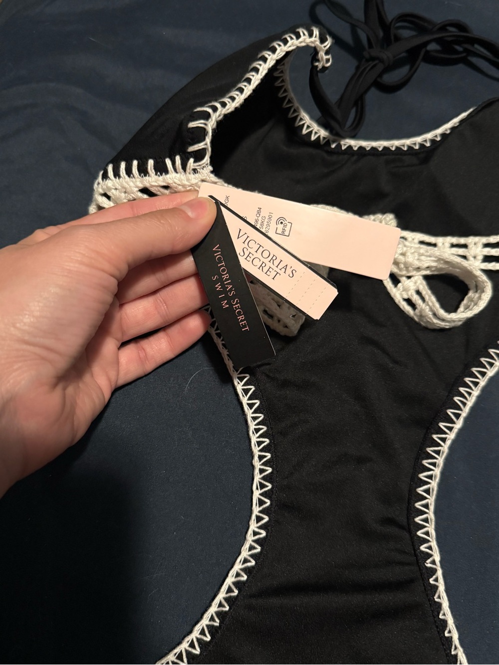 Victoria's Secret Black One-Piece Swimsuit with White Crochet Trim - Picture 8 of 9